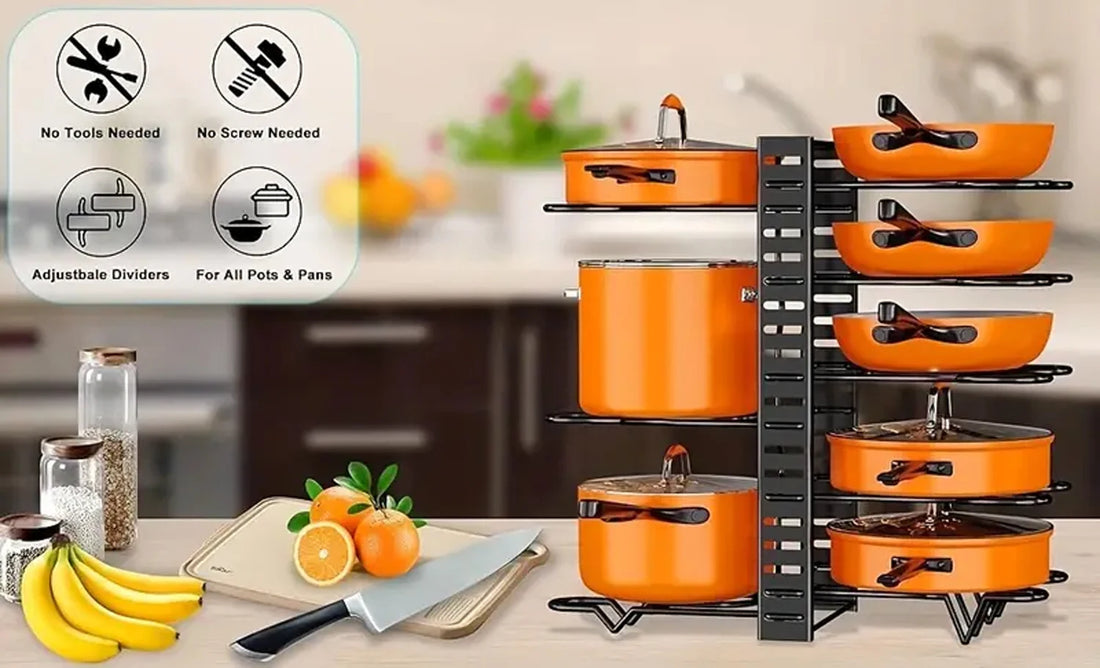 8-Tier Metal Pot Rack Organizer – Space-Saving Cabinet Holder
