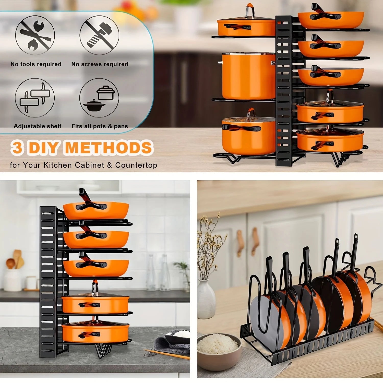 8-Tier Metal Pot Rack Organizer – Space-Saving Cabinet Holder