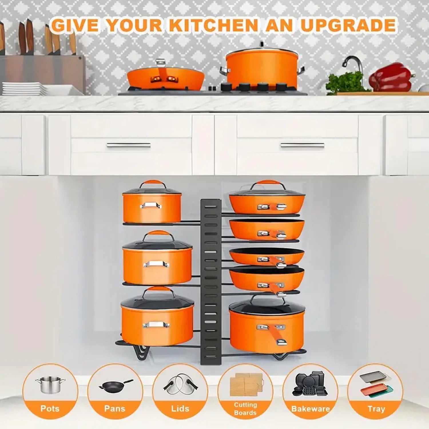 8-Tier Metal Pot Rack Organizer – Space-Saving Cabinet Holder