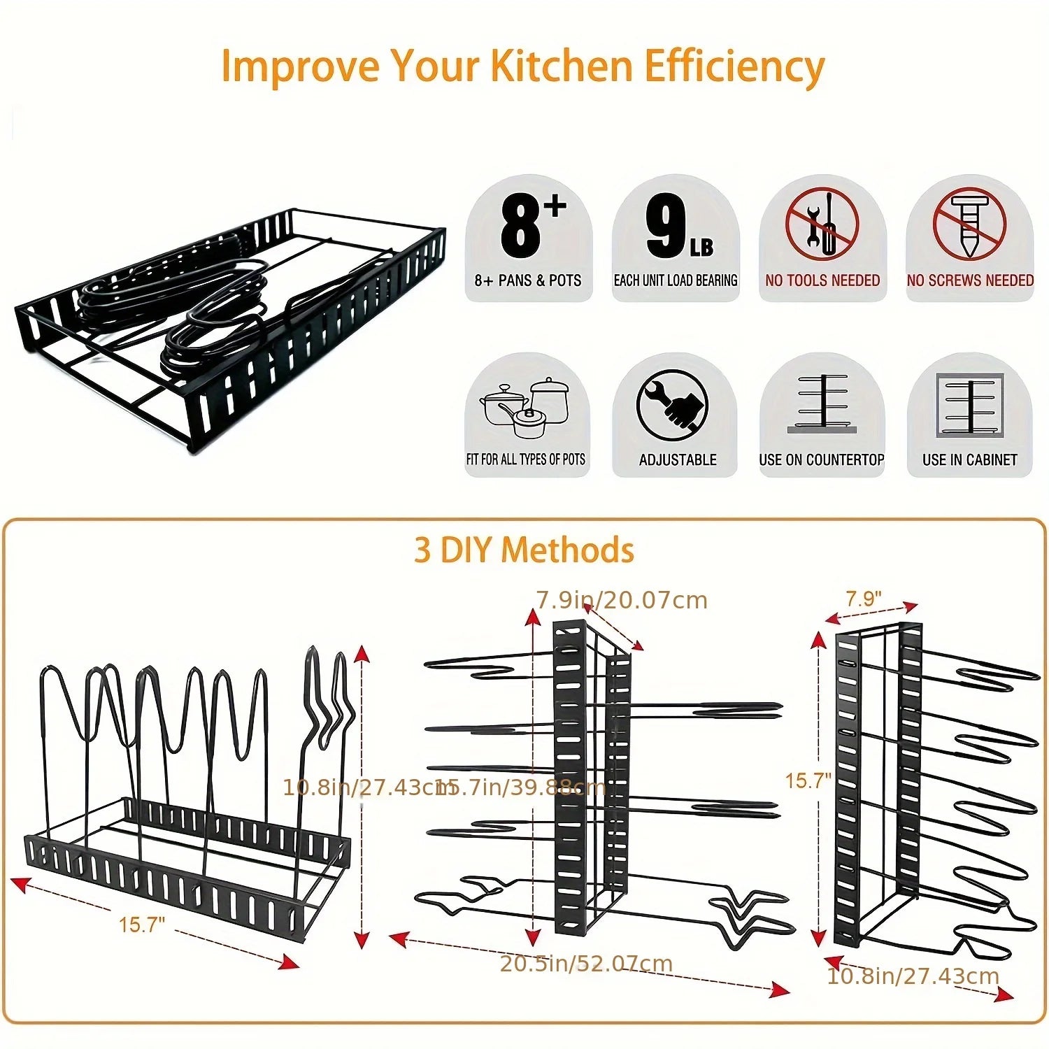 8-Tier Metal Pot Rack Organizer – Space-Saving Cabinet Holder