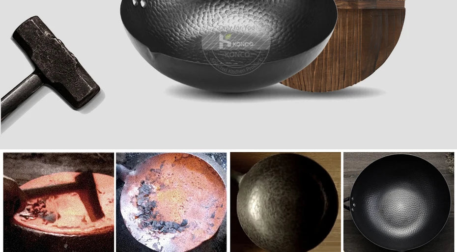 Konco 32cm Pure Iron Wok – Non-Coated Cast Iron Pan for Gas & Induction Cookers