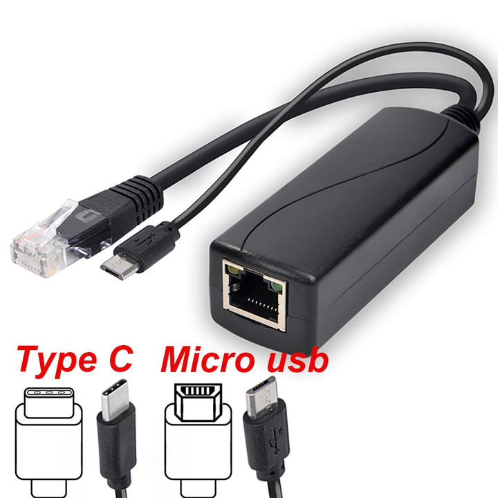 HKBTM POE Splitter – 48V to 5V/12V Power Supply with Micro USB, Type-C & Barrel Jack