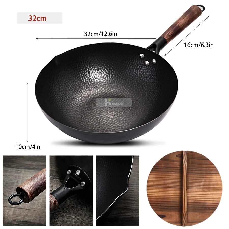 Konco 32cm Pure Iron Wok – Non-Coated Cast Iron Pan for Gas & Induction Cookers