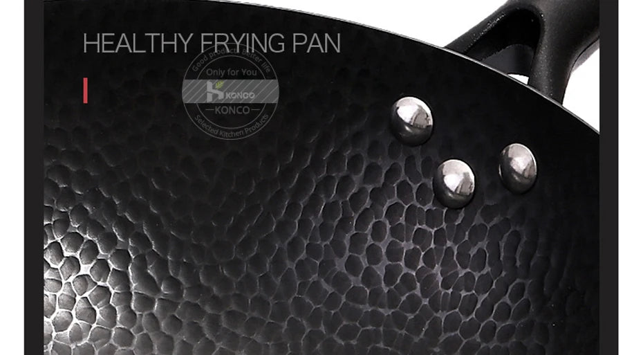 Konco 32cm Pure Iron Wok – Non-Coated Cast Iron Pan for Gas & Induction Cookers