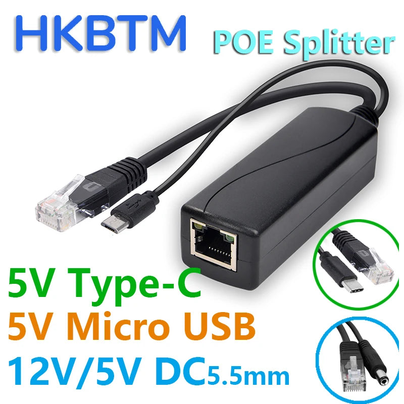 HKBTM POE Splitter – 48V to 5V/12V Power Supply with Micro USB, Type-C & Barrel Jack