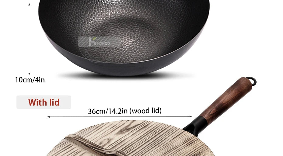 Konco 32cm Pure Iron Wok – Non-Coated Cast Iron Pan for Gas & Induction Cookers