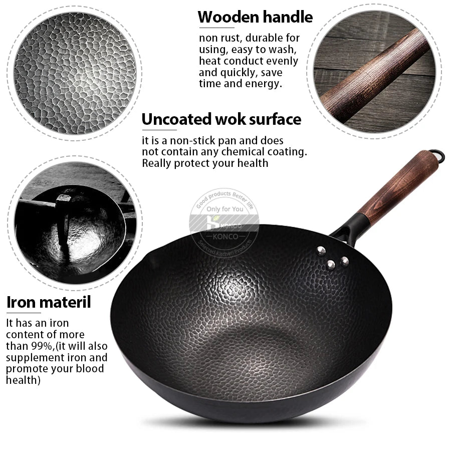 Konco 32cm Pure Iron Wok – Non-Coated Cast Iron Pan for Gas & Induction Cookers