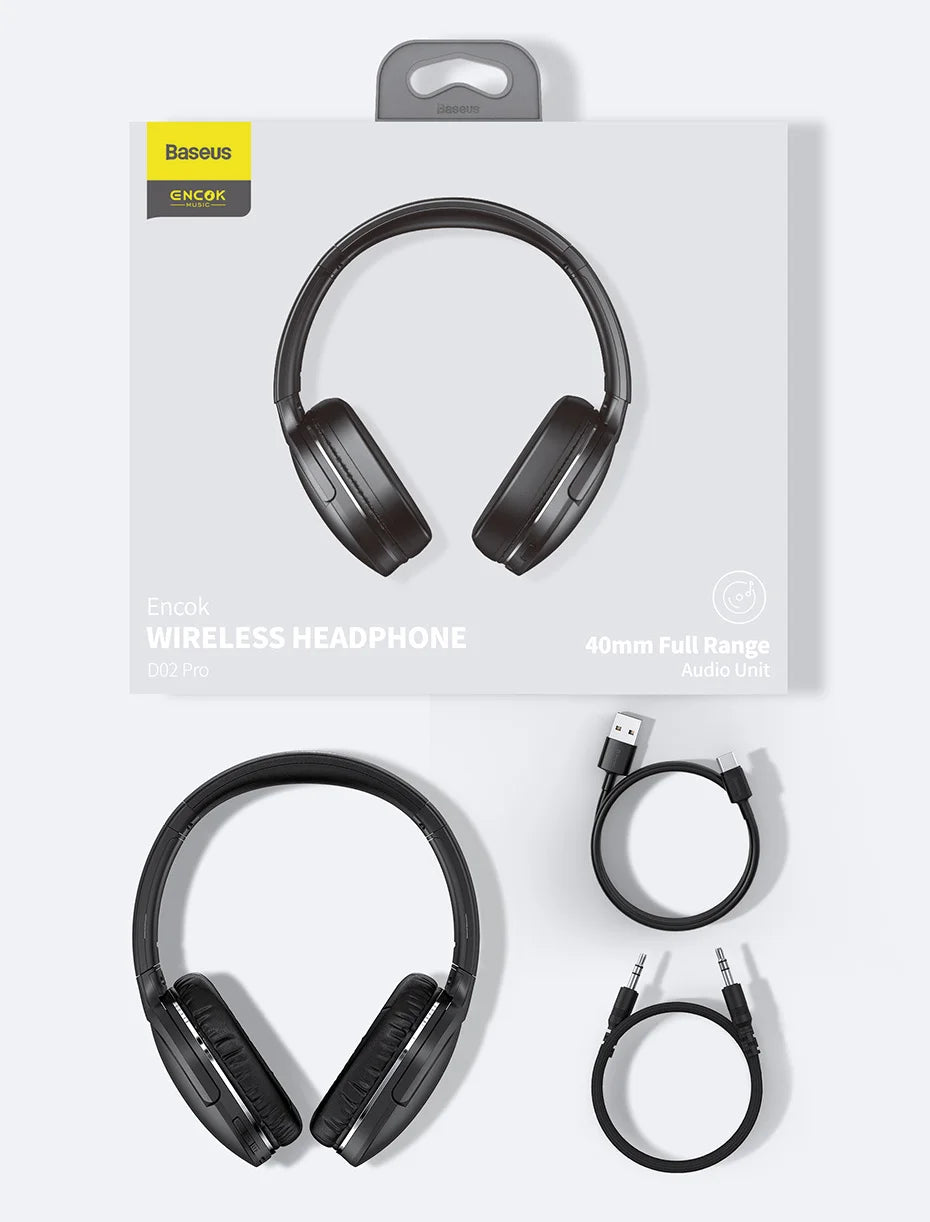 Baseus D02 Pro Wireless Headphones – HiFi Bluetooth Foldable Headset with Audio Cable