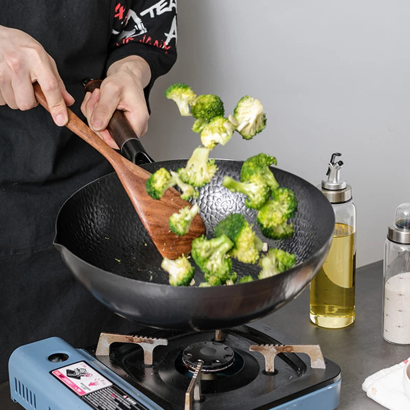 Konco 32cm Pure Iron Wok – Non-Coated Cast Iron Pan for Gas & Induction Cookers