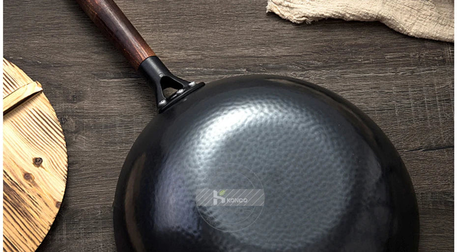 Konco 32cm Pure Iron Wok – Non-Coated Cast Iron Pan for Gas & Induction Cookers