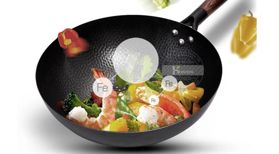 Konco 32cm Pure Iron Wok – Non-Coated Cast Iron Pan for Gas & Induction Cookers