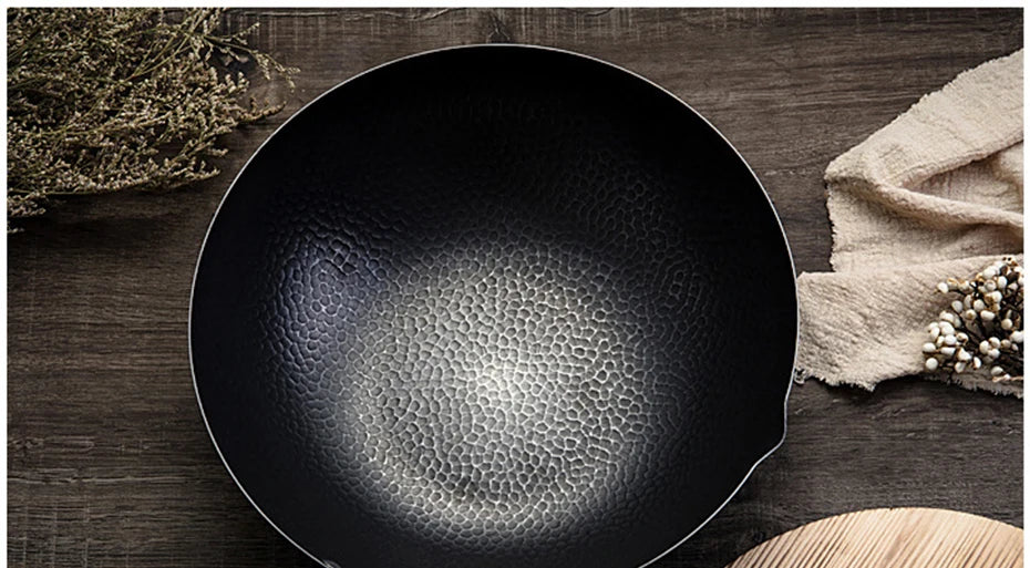 Konco 32cm Pure Iron Wok – Non-Coated Cast Iron Pan for Gas & Induction Cookers