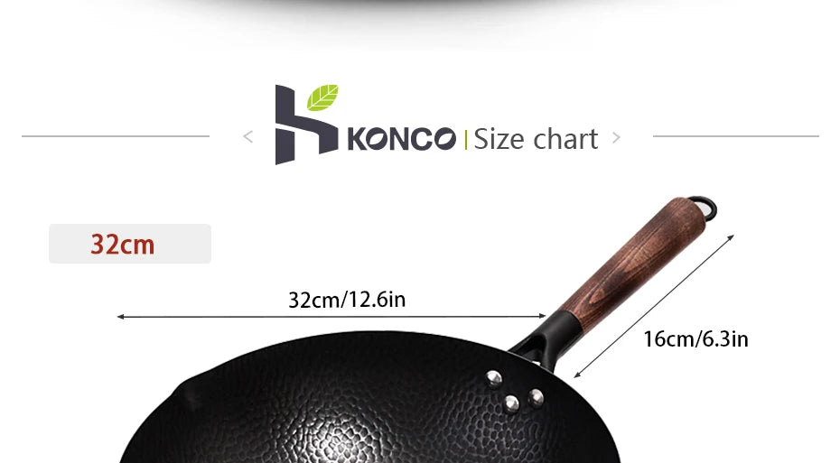 Konco 32cm Pure Iron Wok – Non-Coated Cast Iron Pan for Gas & Induction Cookers