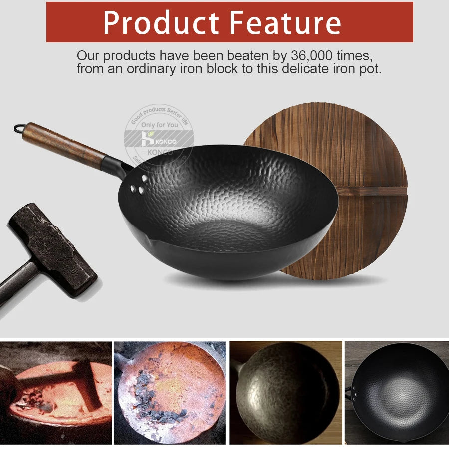 Konco 32cm Pure Iron Wok – Non-Coated Cast Iron Pan for Gas & Induction Cookers