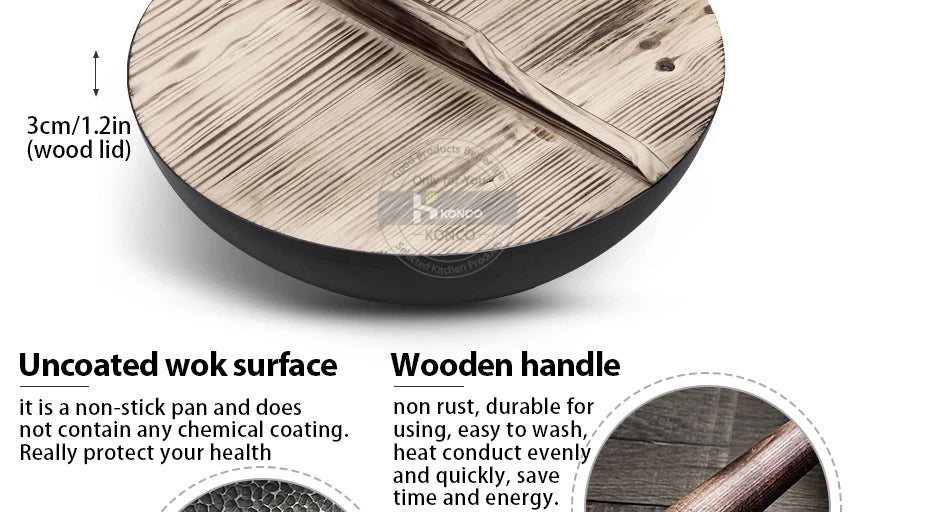 Konco 32cm Pure Iron Wok – Non-Coated Cast Iron Pan for Gas & Induction Cookers