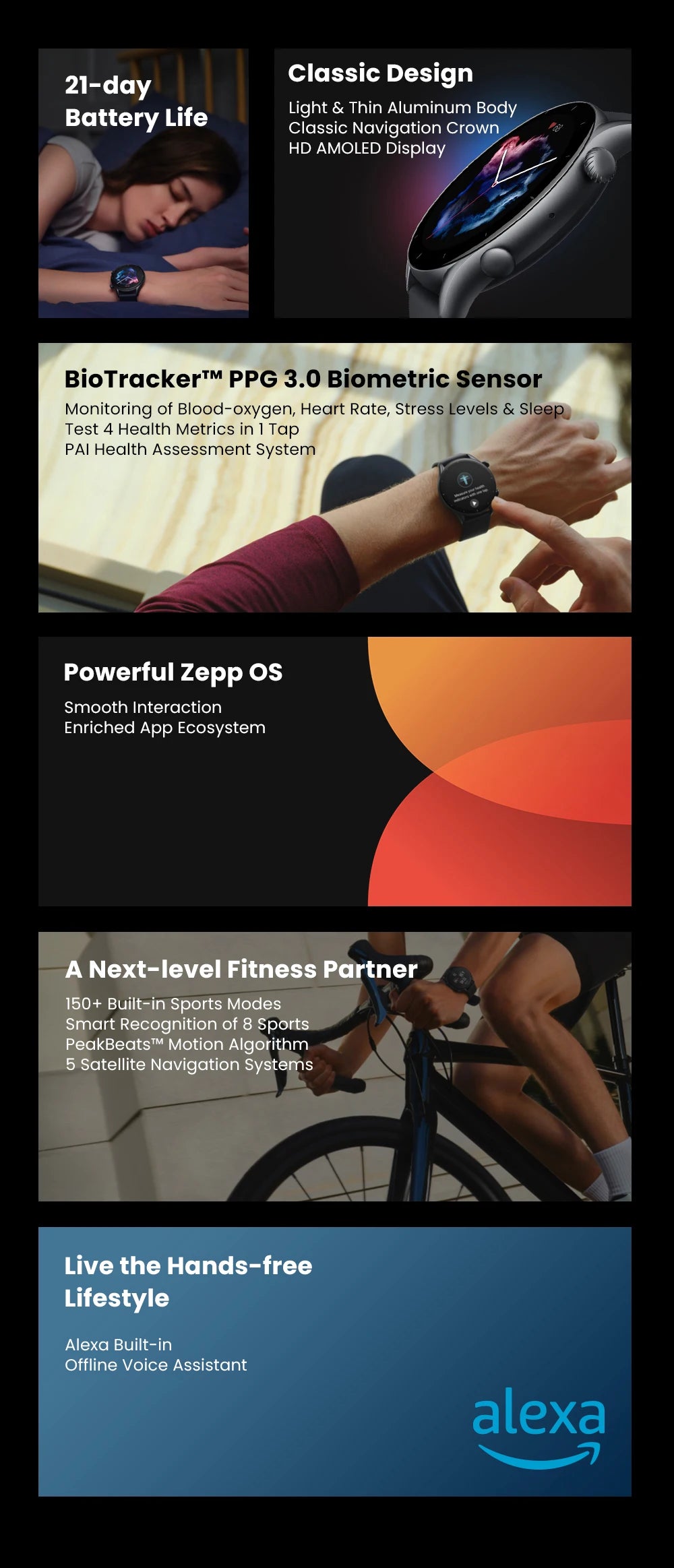 Amazfit GTR 3 Smartwatch Global Version – 46mm AMOLED Display, Built-in Alexa, Zepp OS, GPS, 150+ Sports Modes