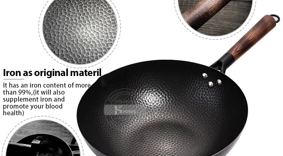 Konco 32cm Pure Iron Wok – Non-Coated Cast Iron Pan for Gas & Induction Cookers