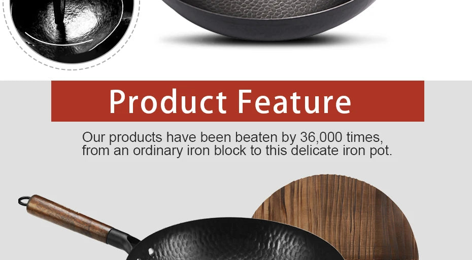 Konco 32cm Pure Iron Wok – Non-Coated Cast Iron Pan for Gas & Induction Cookers