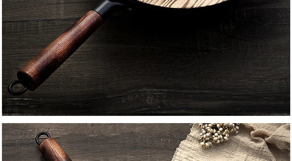 Konco 32cm Pure Iron Wok – Non-Coated Cast Iron Pan for Gas & Induction Cookers