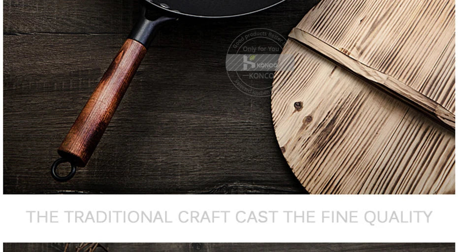 Konco 32cm Pure Iron Wok – Non-Coated Cast Iron Pan for Gas & Induction Cookers