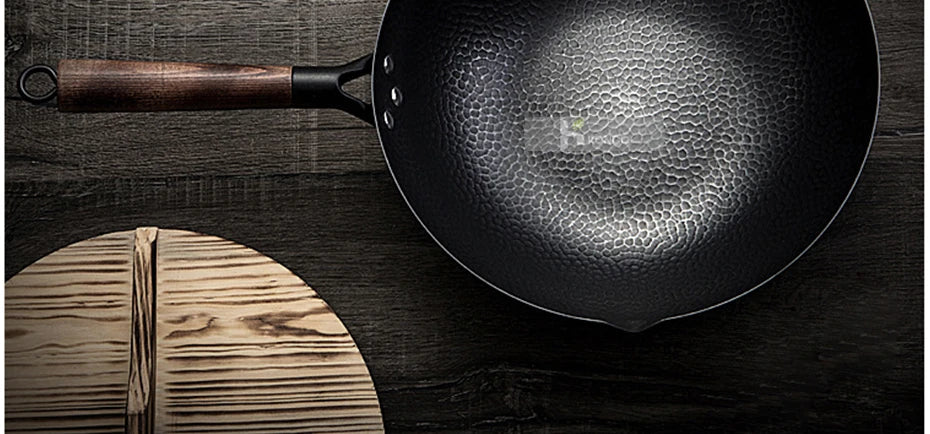 Konco 32cm Pure Iron Wok – Non-Coated Cast Iron Pan for Gas & Induction Cookers