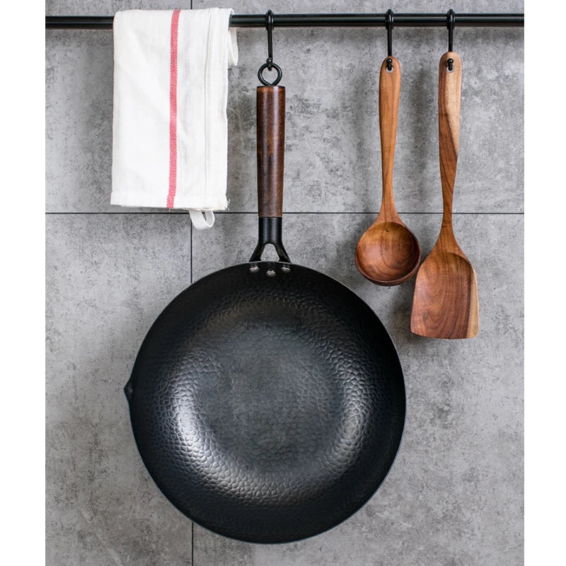 Konco 32cm Pure Iron Wok – Non-Coated Cast Iron Pan for Gas & Induction Cookers