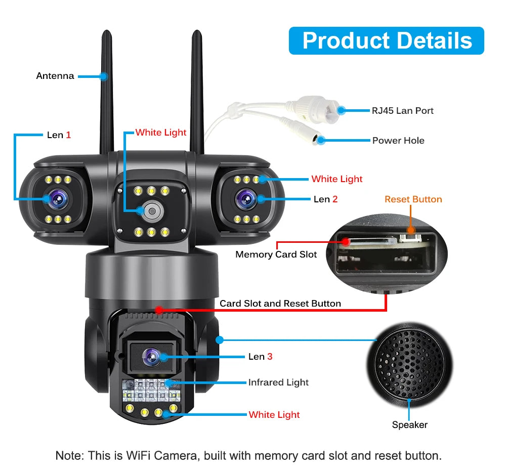 V380 Pro 12MP 6K Outdoor WiFi IP Camera – Triple Lens & Screen, Night Vision