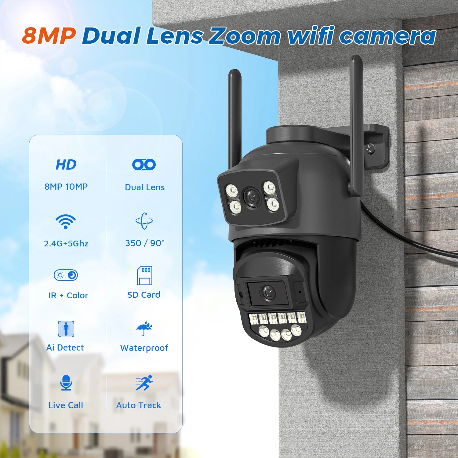 5K Dual-Lens Outdoor PTZ WiFi Camera – 10MP HD AI Tracking CCTV with Audio