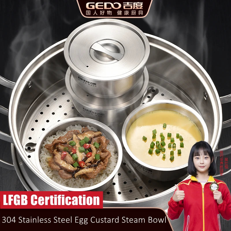 LFGB Certified 304 Stainless Steel Egg Custard Steamer – Ultra Thick & Durable Food Steaming Bowl for Kitchen