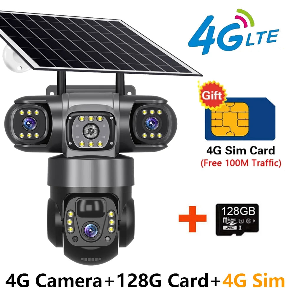 Solar 4G Sim Outdoor Camera – 3 Lens & Screen, 10X Zoom, PIR Human Detection