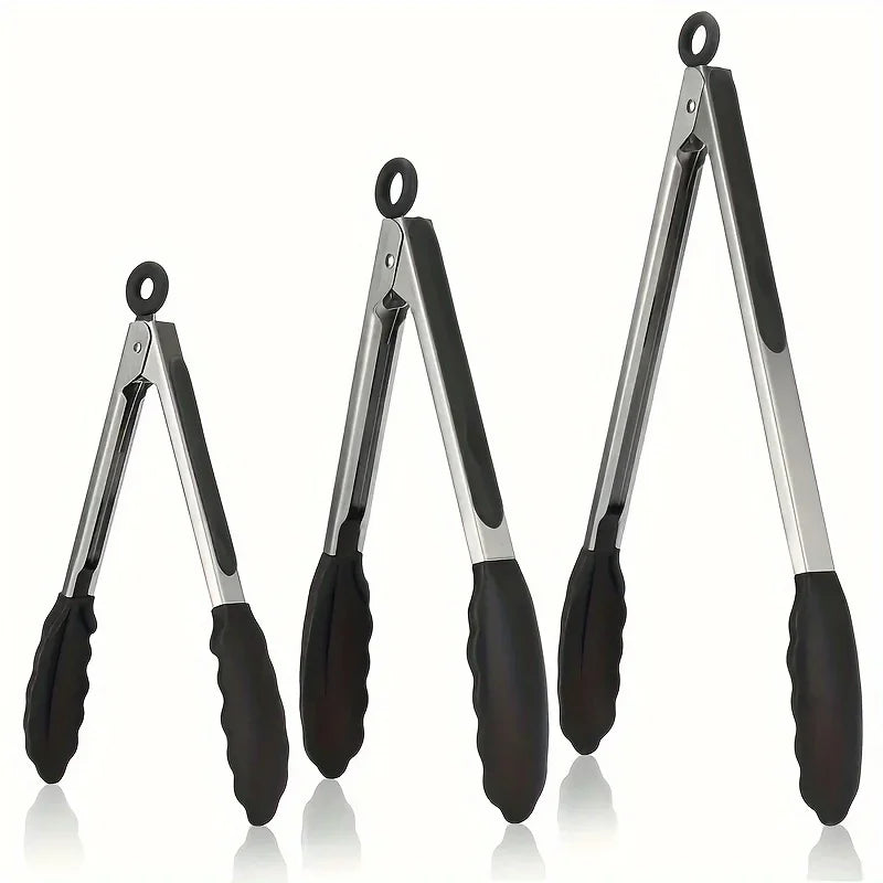 3 Size Available Heavy Duty Stainless Steel Kitchen Tongs with Silicone Tips High Heat Resistant Locking Design Secure Grip