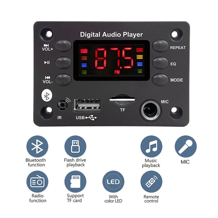 Bluetooth 5.0 MP3 Decoder Board – 5V/12V Audio Module with USB, TF, FM & Mic