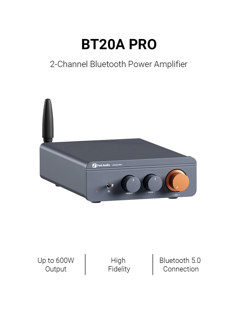 Fosi Audio BT20A Pro Bluetooth Stereo Amplifier – 300W x2 HiFi Class D TPA3255 Mini Amp with Bass & Treble Control for Home Theater