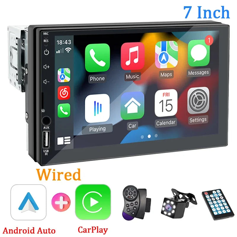 Hippcron 7" 1-DIN Car Stereo – CarPlay, Android Auto, Bluetooth, MP5 with Rear Camera Support