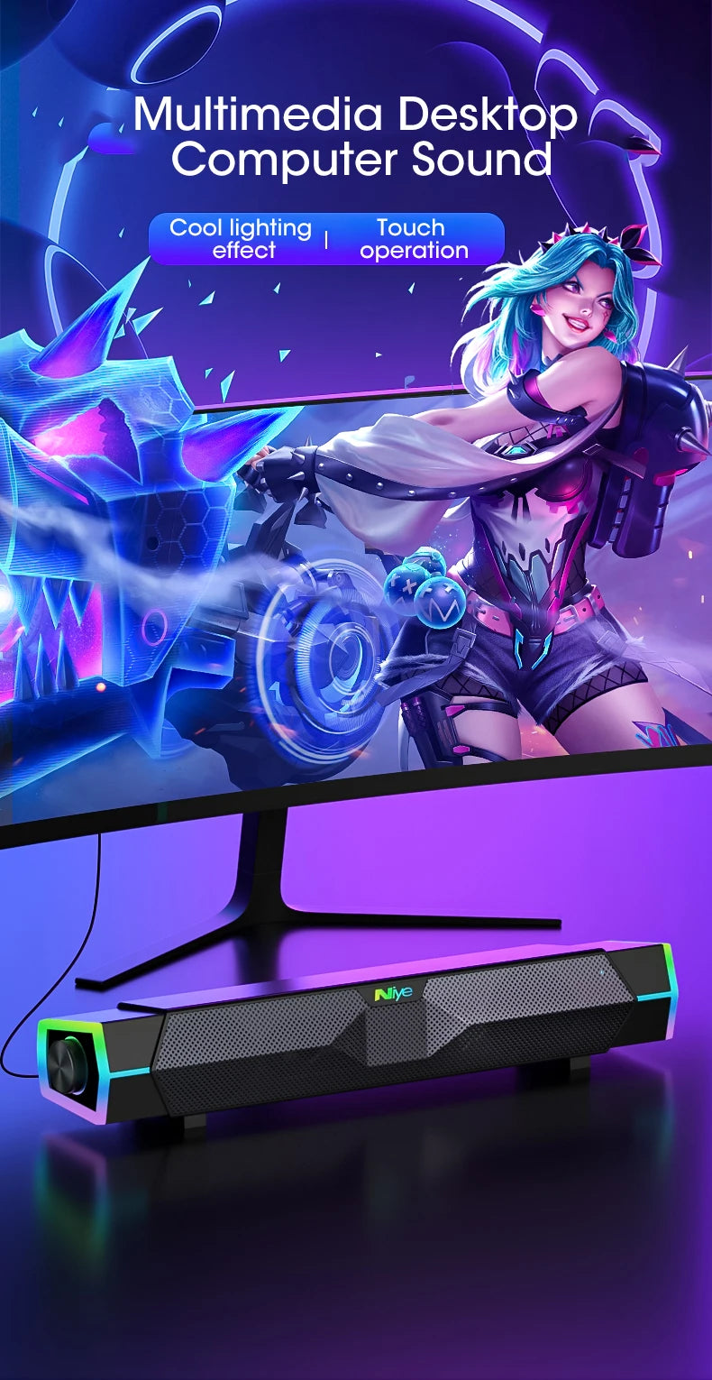 4D Bluetooth 5.0 Computer Speakers – Wired Stereo Soundbar with Subwoofer