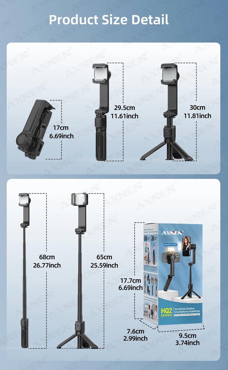 AXNEN HQ2 Series 3-Axis Handheld Gimbal Stabilizer for Smartphone & GoPro – Selfie Stick, Tripod & Extension Rod Combo