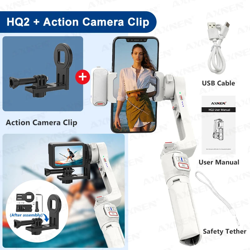 AXNEN HQ2 Series 3-Axis Handheld Gimbal Stabilizer for Smartphone & GoPro – Selfie Stick, Tripod & Extension Rod Combo