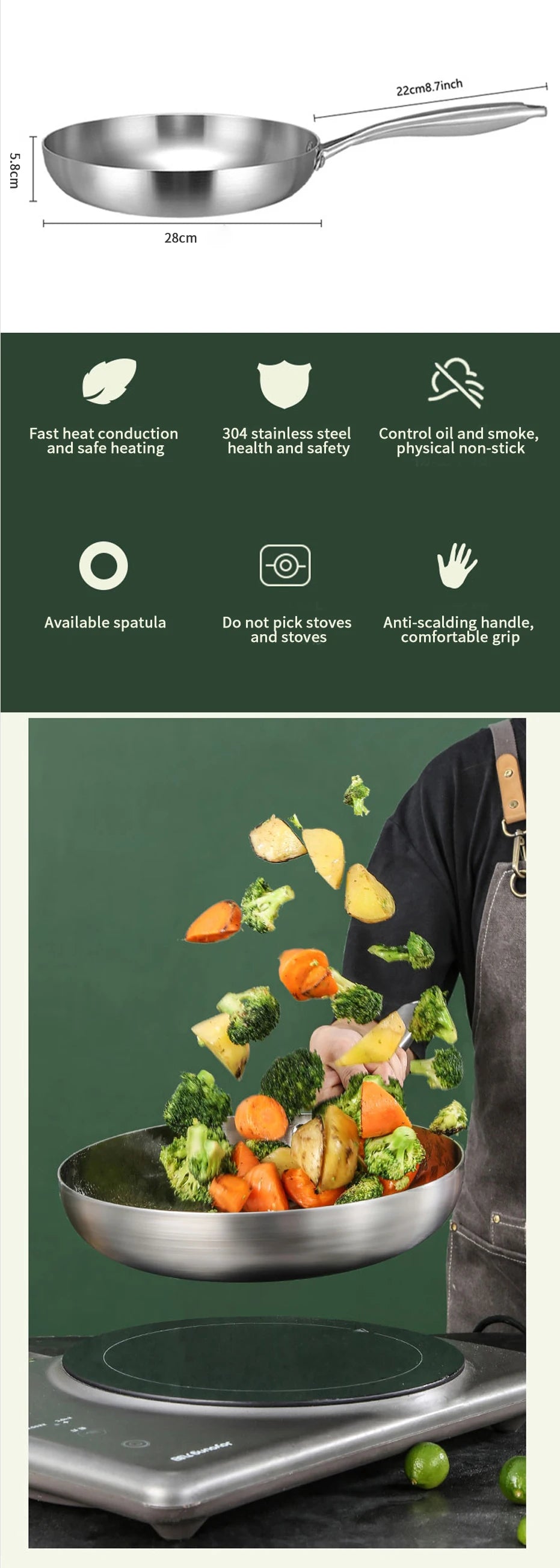 304 Stainless Steel Frying Pan – Uncoated Non-Stick Cookware for Gas & Induction Stoves