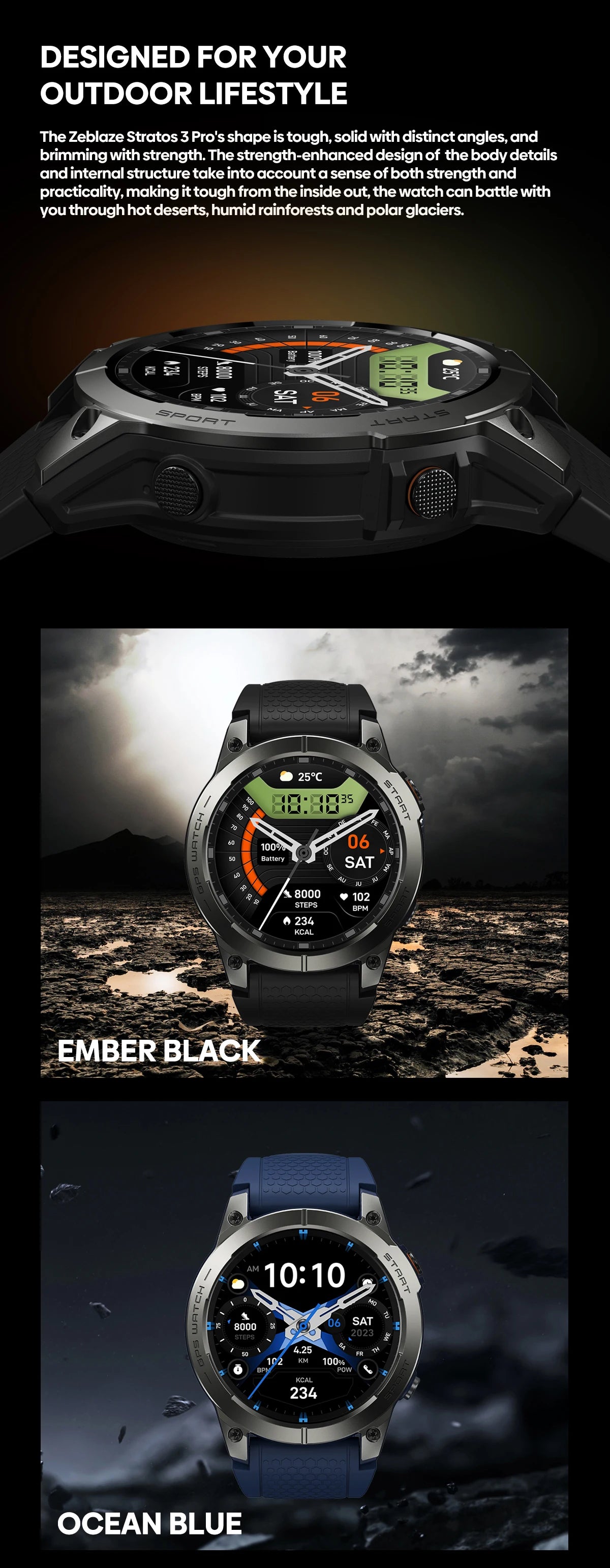 Zeblaze Stratos 3 PRO GPS Smartwatch – 1.43” HD AMOLED, Bluetooth Calls