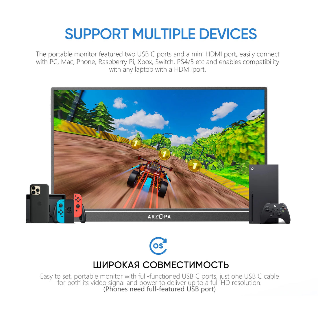 Arzopa 15.6" FHD Portable Monitor – 1080P HDMI/USB Display for Laptop, PC, Console