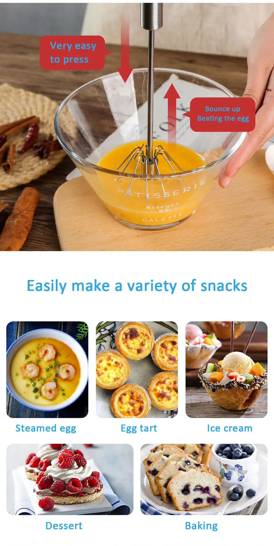 Semi-Automatic Egg Beater – Stainless Steel Hand Mixer Whisk for Cream, Batter & More