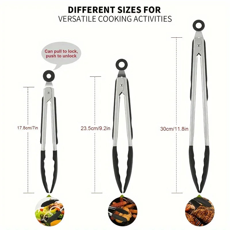 3 Size Available Heavy Duty Stainless Steel Kitchen Tongs with Silicone Tips High Heat Resistant Locking Design Secure Grip