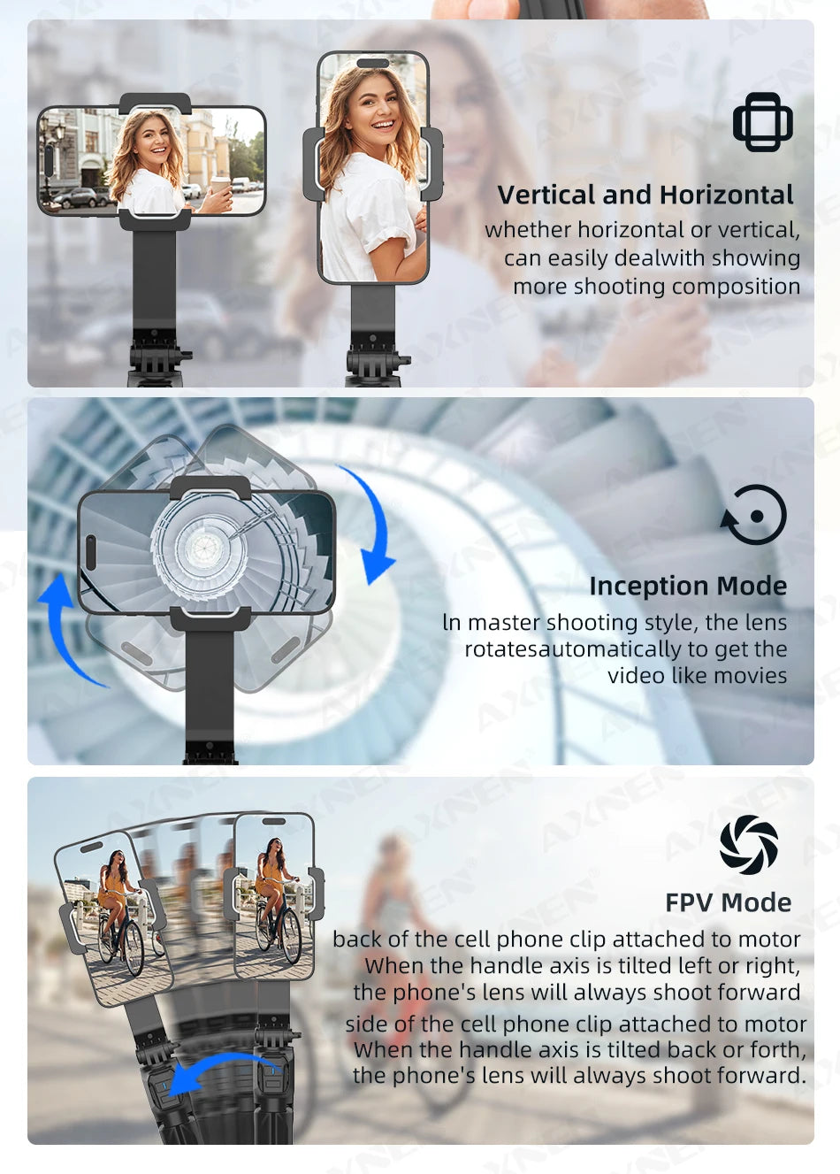 AXNEN HQ2 Series 3-Axis Handheld Gimbal Stabilizer for Smartphone & GoPro – Selfie Stick, Tripod & Extension Rod Combo