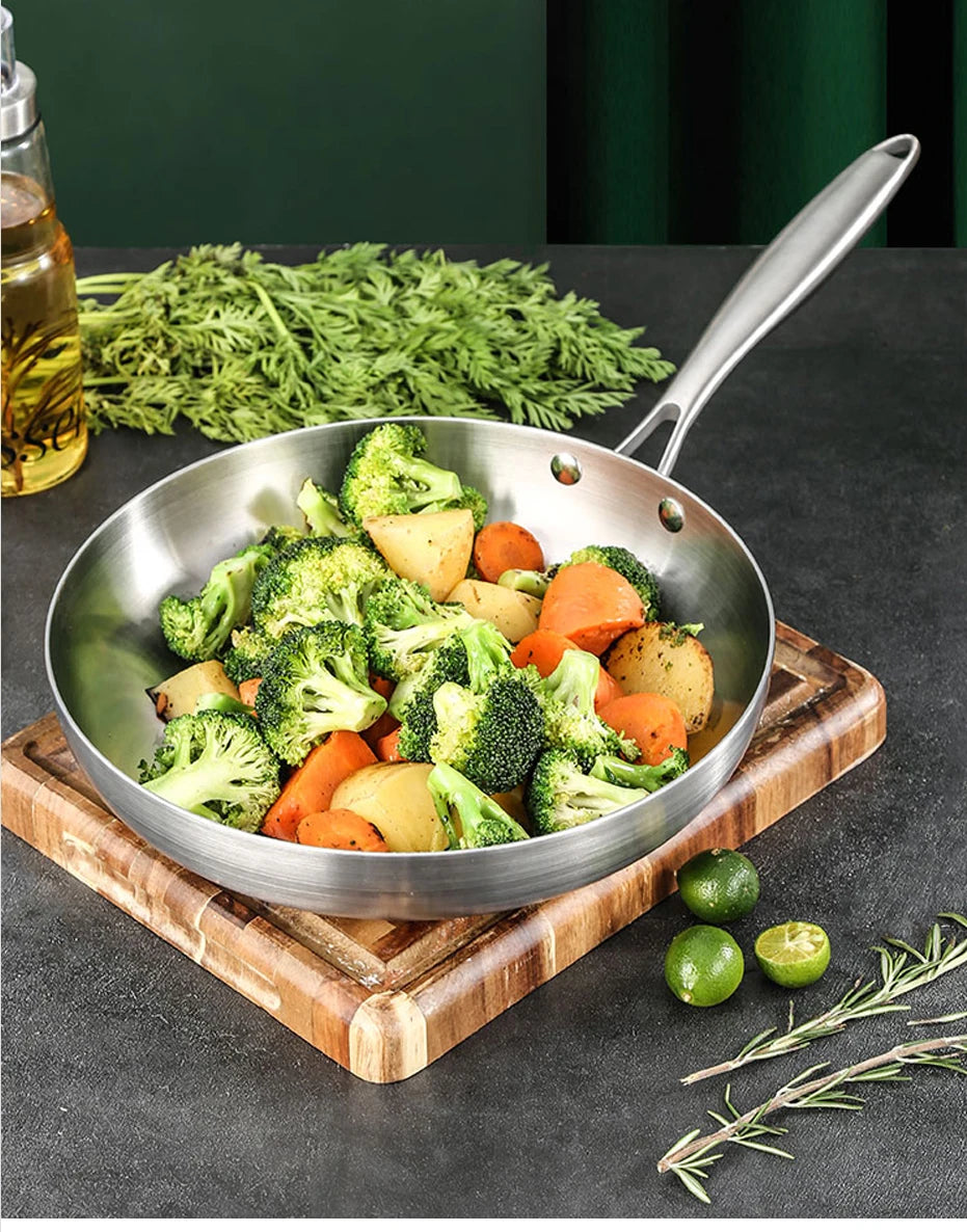 304 Stainless Steel Frying Pan – Uncoated Non-Stick Cookware for Gas & Induction Stoves