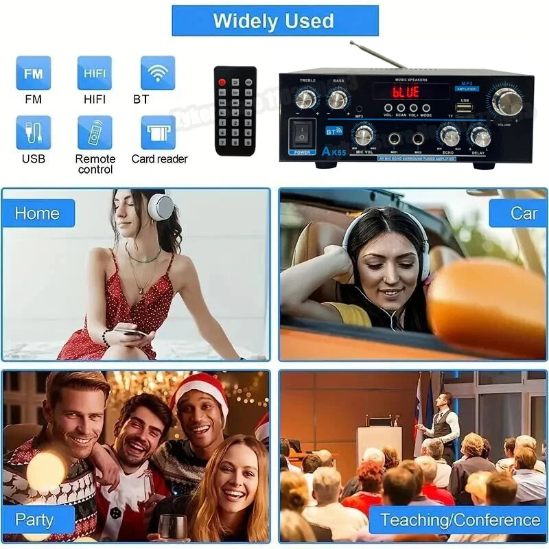 AK55 HiFi Bluetooth Amplifier – 2.0 Channel, 90W×2, Home/Car Audio