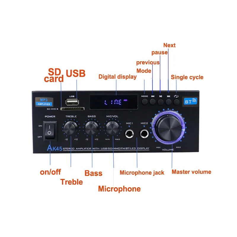 AK45 HiFi Bluetooth Audio Amplifier – 2.0 Channel Stereo AMP, 350W×2 for Home & Car