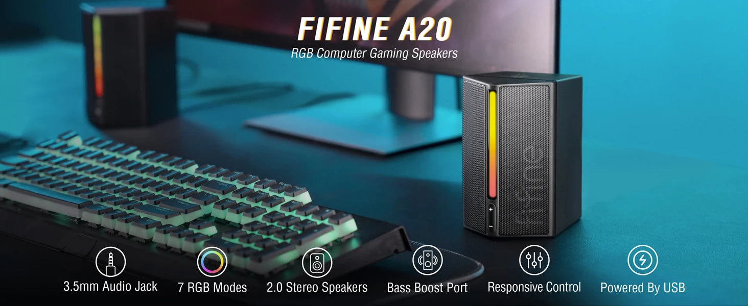 FIFINE Ampligame A20 Gaming Sound Box – USB RGB Stereo Speaker with Volume Control