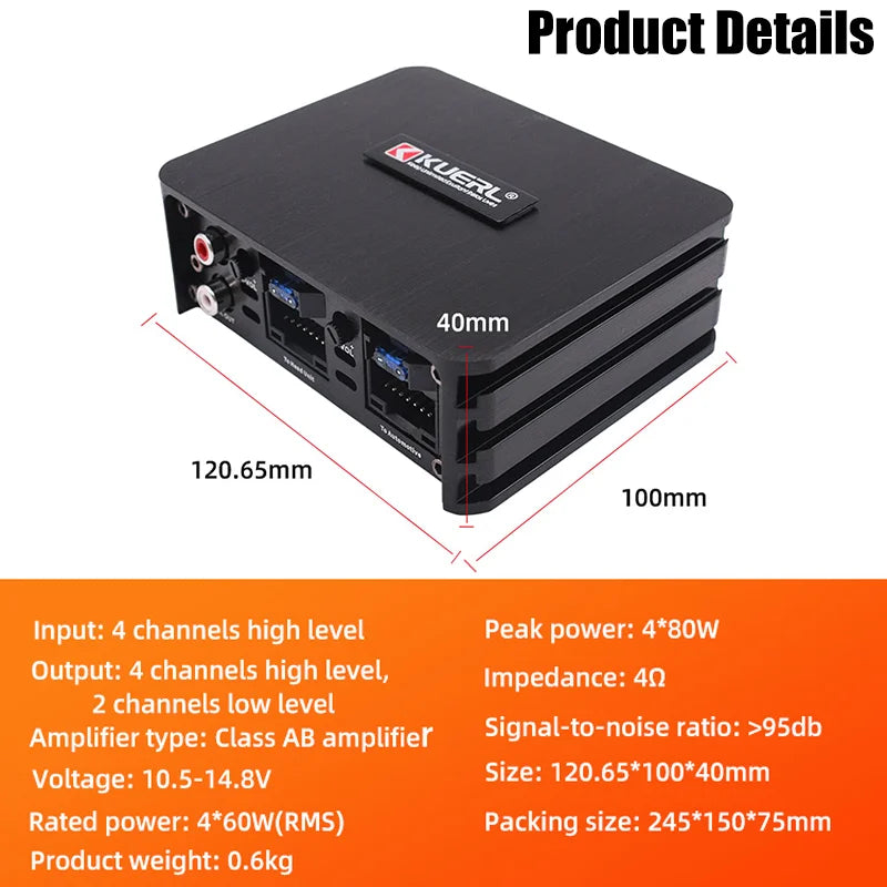 4×60W DSP Car Audio Amplifier – Class AB, Non-Destructive Install, Android Screen Compatible