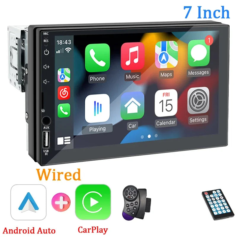 Hippcron 7" 1-DIN Car Stereo – CarPlay, Android Auto, Bluetooth, MP5 with Rear Camera Support