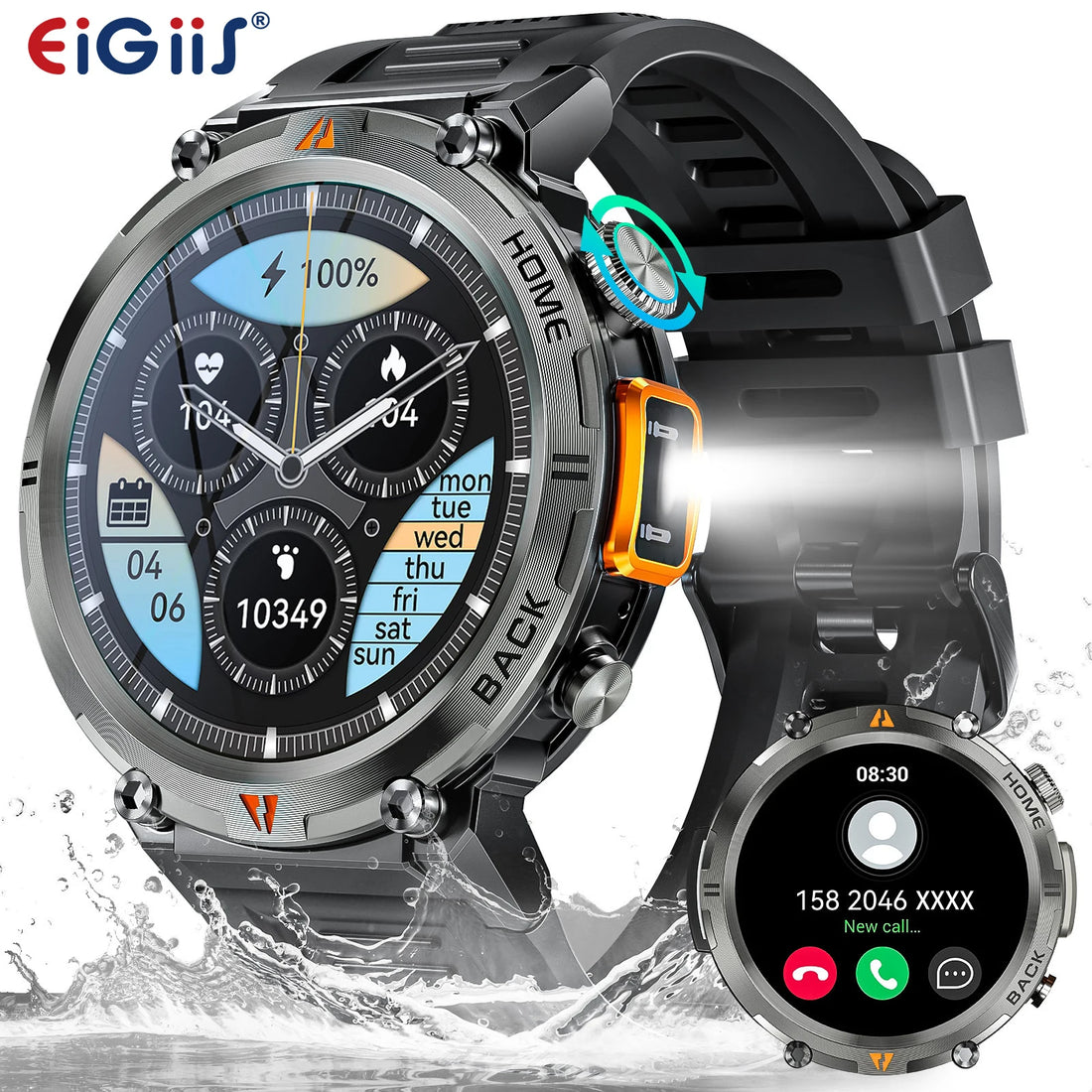 EIGIIS KE3 2025 Bluetooth Call Smartwatch for Men, Full Touch Screen Fitness Watch with Heart Rate Monitor & Flashlight